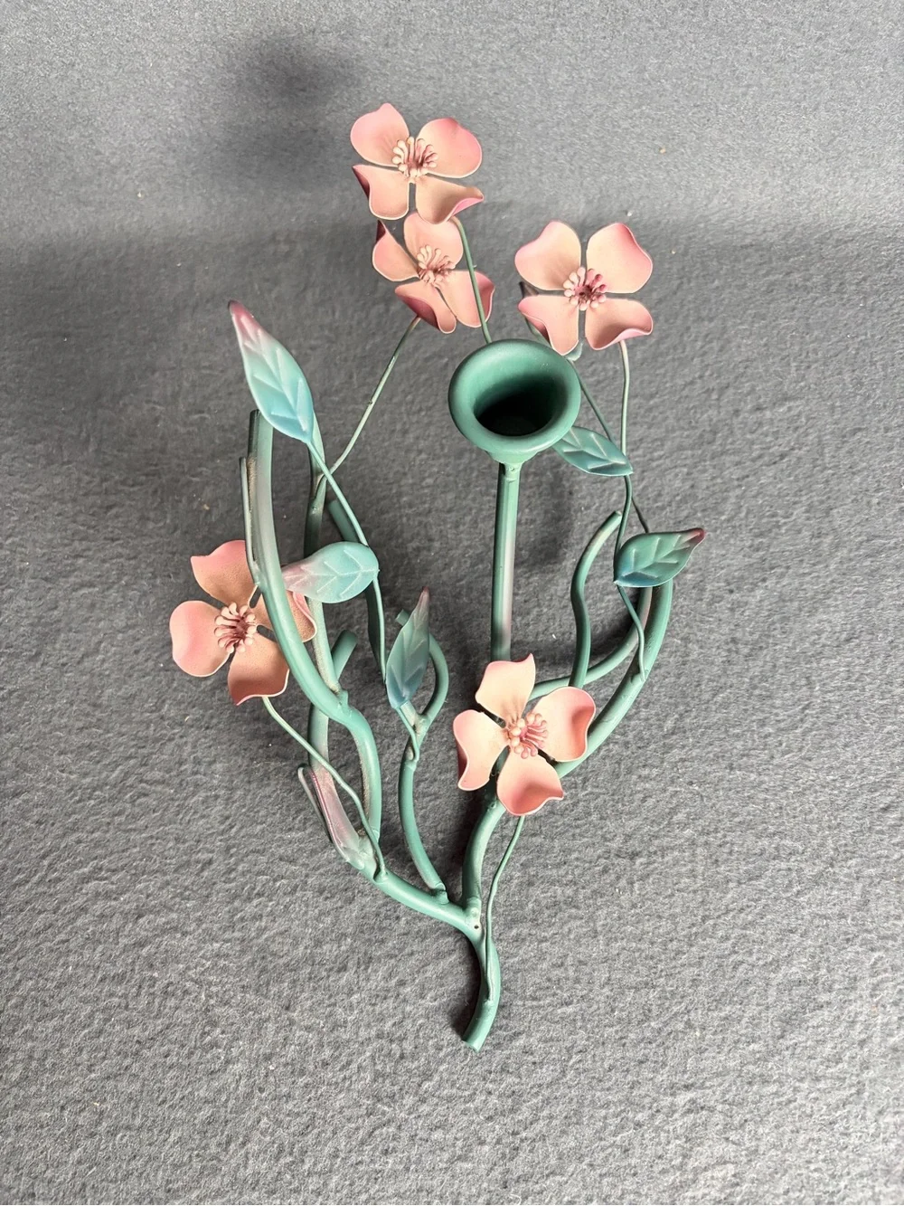 Vintage Retro Green Teal Metal Floral Dogwood Branch Tabletop Taper Candleholder